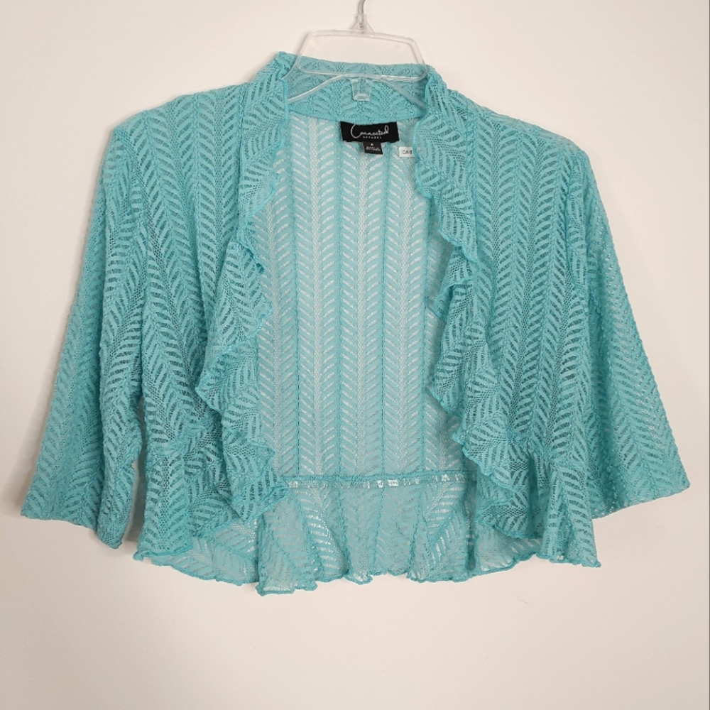 Connected Apparel blue ruffle crochet shrug. Size S/M.